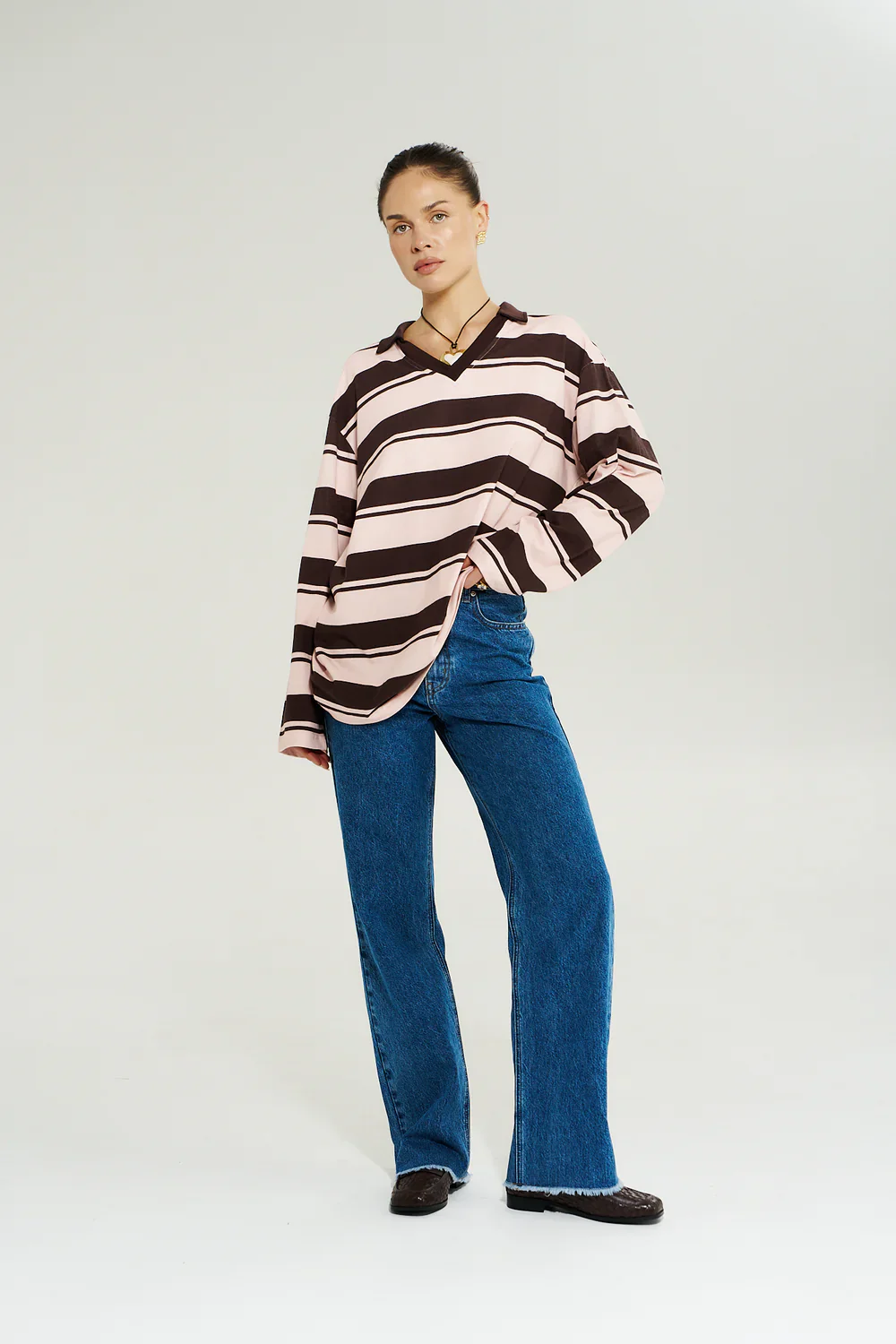 LS Polo Top - Choc Rose Stripe - Image 3