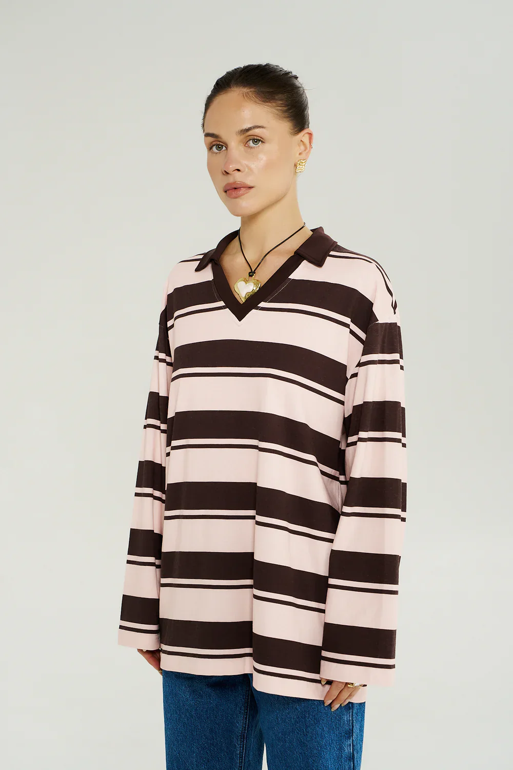 LS Polo Top - Choc Rose Stripe - Image 4